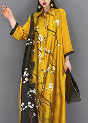 Vogue Yellow Peter Pan Collar Print Button Silk Long Dress Long Sleeve