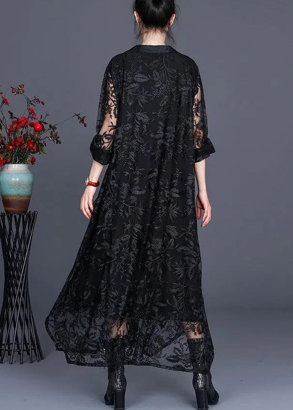 Italian Black Jacquard Long Lace Dress Casual Spring Maxi Dress