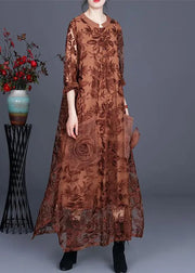 Italian Black Jacquard Long Lace Dress Casual Spring Maxi Dress