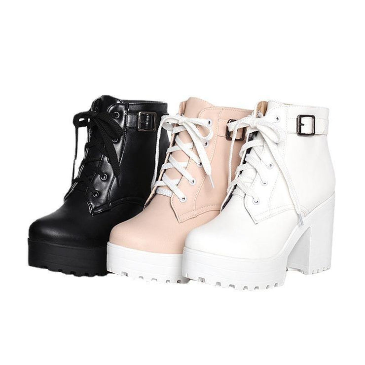 White Boots Cross Strap Chunky Boots - SooLinen