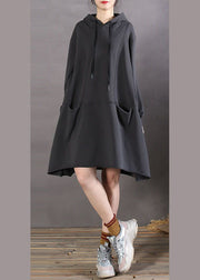 Women Black Hooded Patchwork Cotton Sweatshirts Spring dress