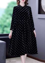 Women Black Peter Pan Collar Dot Velour Dresses Spring