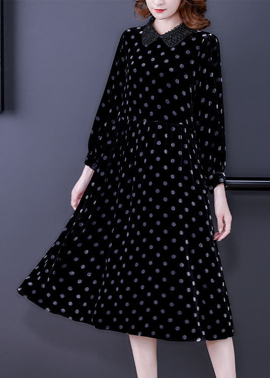 Women Black Peter Pan Collar Dot Velour Dresses Spring