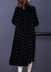 Women Black Peter Pan Collar Dot Velour Dresses Spring