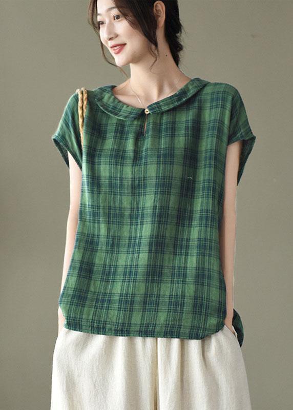 Women Black White Plaid Peter Pan Collar Cotton Shirts Summer - SooLinen