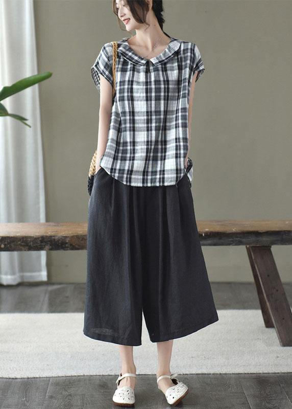 Women Black White Plaid Peter Pan Collar Cotton Shirts Summer - SooLinen