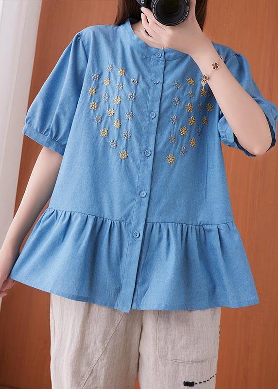 Women Blue Embroideried O-Neck Cotton Summer Shirts - SooLinen