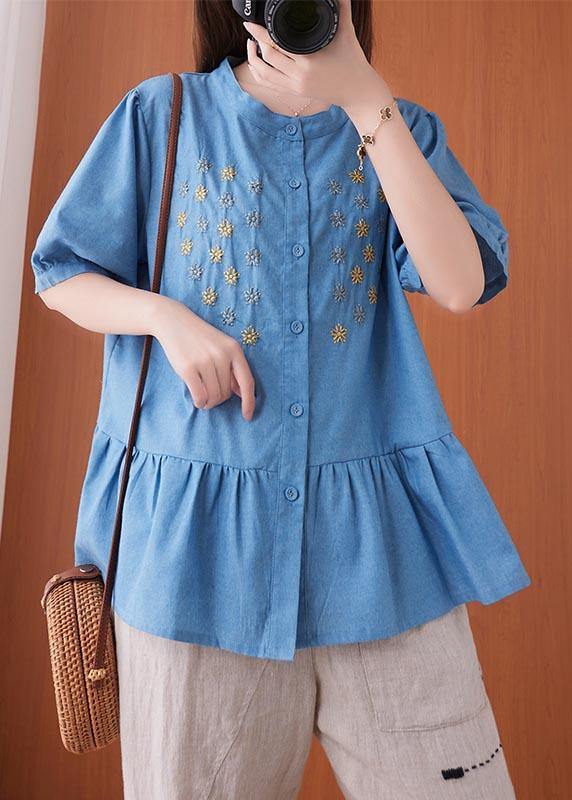 Women Blue Embroideried O-Neck Cotton Summer Shirts - SooLinen