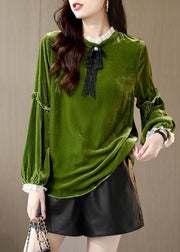 Women Green Ruffled Patchwork Velour Shirt Top Spring