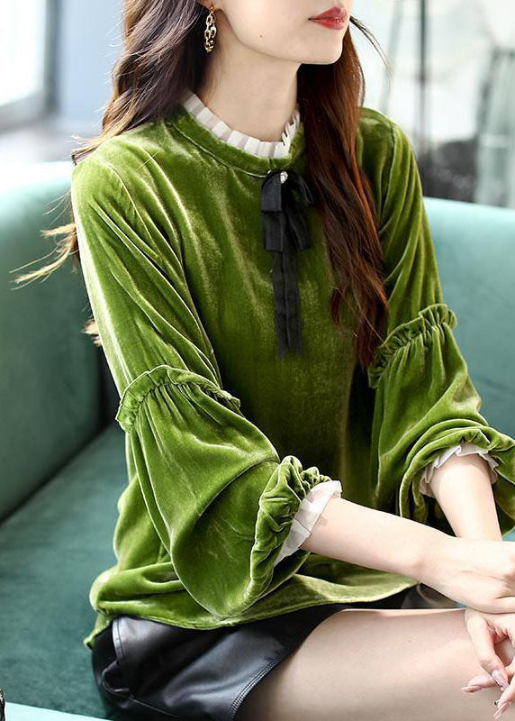 Women Green Ruffled Patchwork Velour Shirt Top Spring