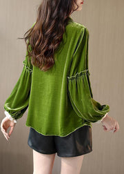 Women Green Ruffled Patchwork Velour Shirt Top Spring