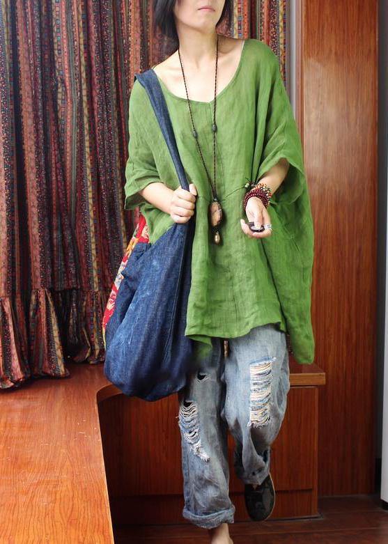 Women Green U Neck Linen Summer Shirt Tops - SooLinen