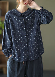 Women Grey Button Ruffled Dot Fall Shirt Tops Long sleeve