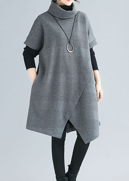 Women Grey Turtle Neck asymmetrical design Dresses Short Sleeve