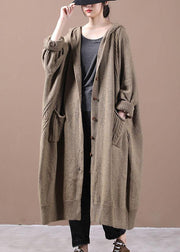 Women Khaki Button Pockets Fall Long Cardigans Coat - SooLinen