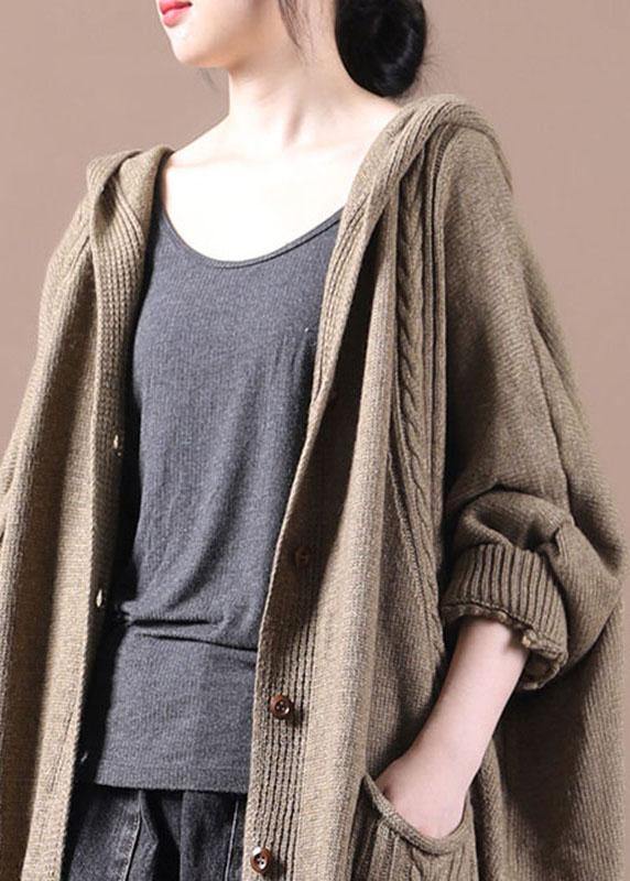 Women Khaki Button Pockets Fall Long Cardigans Coat - SooLinen