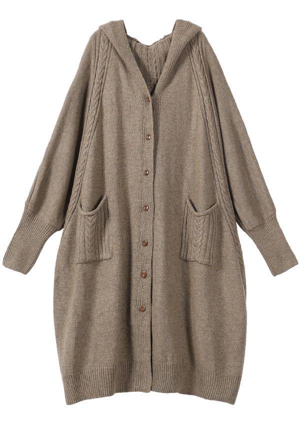 Women Khaki Button Pockets Fall Long Cardigans Coat - SooLinen