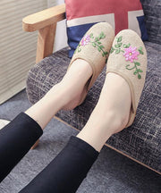 Women Khaki Embroideried Linen Fabric Slippers Shoes - SooLinen