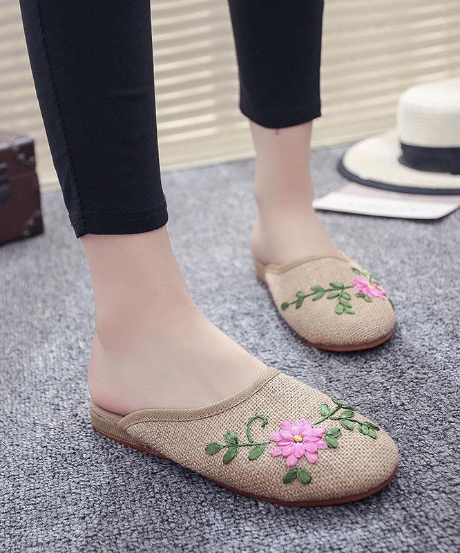 Women Khaki Embroideried Linen Fabric Slippers Shoes - SooLinen