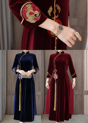 Women Mulberry Embroideried Side Open Velour Dresses Vestidos Bracelet Sleeve