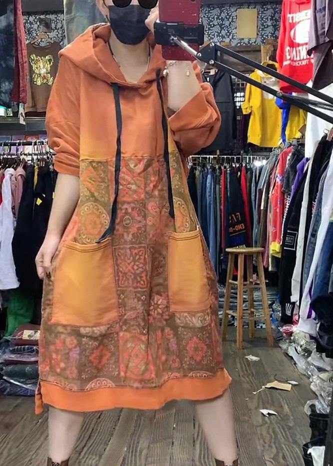 Women Orange Hooded Print Long Dresses Spring Cotton Dress - SooLinen