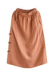 Women Orange Oriental Elastic Waist Pocket Linen A Line Skirts Summer