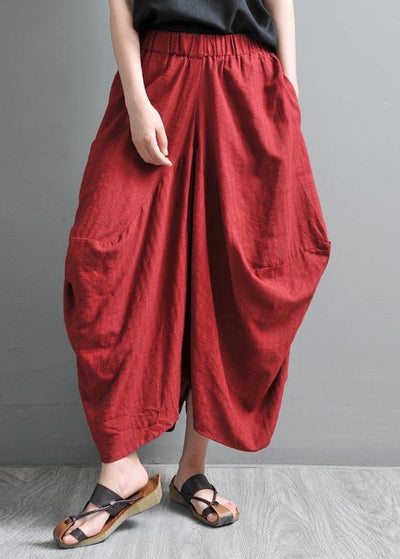 Women Red Pockets Cotton Linen Big crotch pants Summer Pants - SooLinen