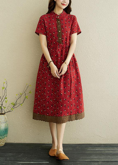 Women Red Print stand collar Robe Summer Cotton Dress - SooLinen