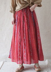 Women Red elastic waist pocket print Linen Beach Skirt Spring