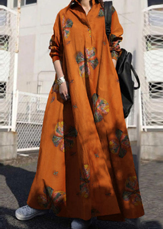 Women Retro Floral Print Lapel Bohemian Loose Long Sleeve Maxi Shirt Dress With Pocket