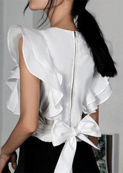 Women White V Neck Ruffleszippered Summer Top - SooLinen