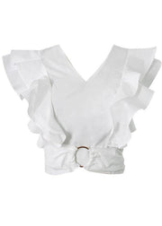 Women White V Neck Ruffleszippered Summer Top - SooLinen