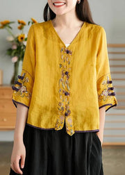 Women Yellow Casual Ramie Cardigan Embroidered Shirt - SooLinen