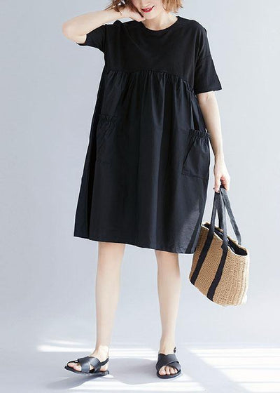 Women black Cotton blended o neck pockets loose summer Dresses - SooLinen