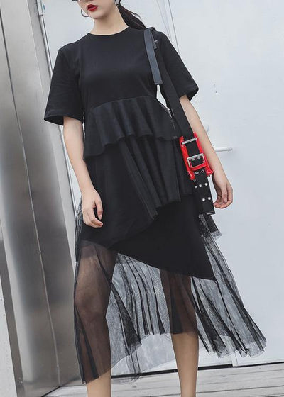 Women black cotton clothes patchwork tulle Maxi summer Dresses - SooLinen