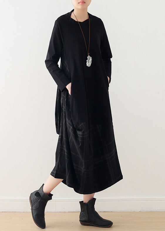 Women black cotton quilting clothes Fitted pattern o neck false two pieces Maxi spring Dresses