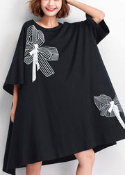 Women black embroidery Cotton big hem shift summer Dresses - SooLinen