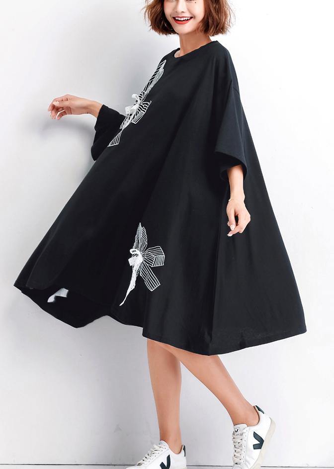 Women black embroidery Cotton big hem shift summer Dresses - SooLinen