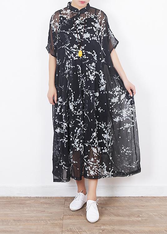 Frauen schwarze Seidenkleider Boho Ärmel Kurzarm Maxi Sommerkleider