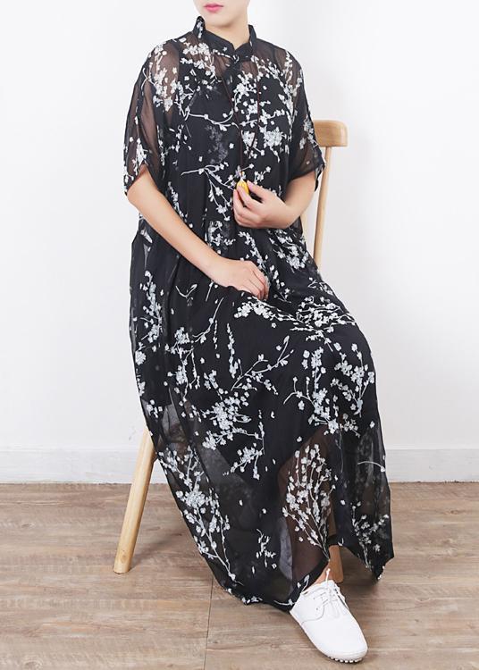 Frauen schwarze Seidenkleider Boho Ärmel Kurzarm Maxi Sommerkleider