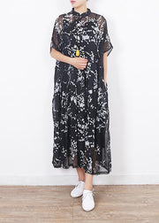 Frauen schwarze Seidenkleider Boho Ärmel Kurzarm Maxi Sommerkleider