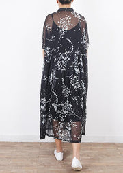 Frauen schwarze Seidenkleider Boho Ärmel Kurzarm Maxi Sommerkleider