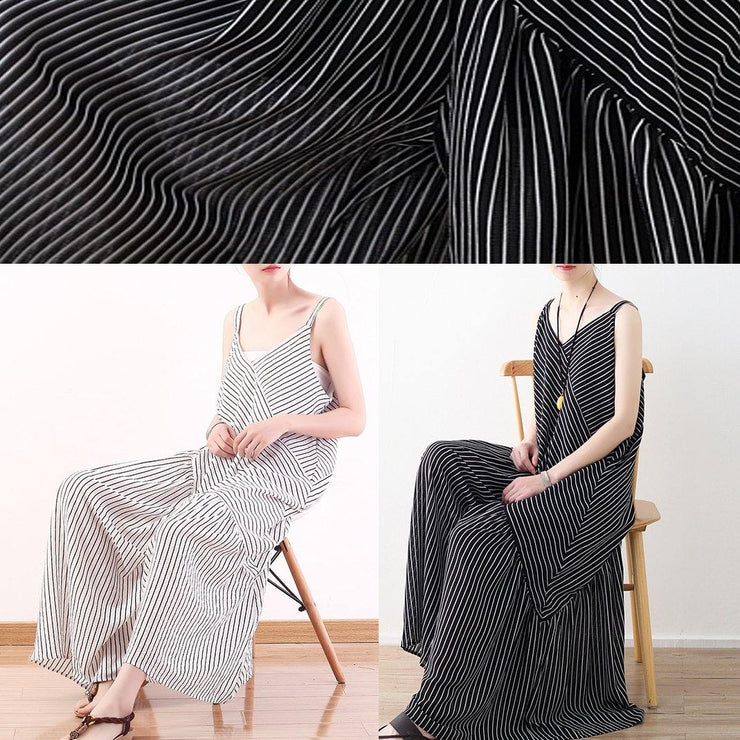 Women black striped chiffon clothes Boho Outfits Spaghetti Strap asymmetric Robe Summer Dresses - SooLinen