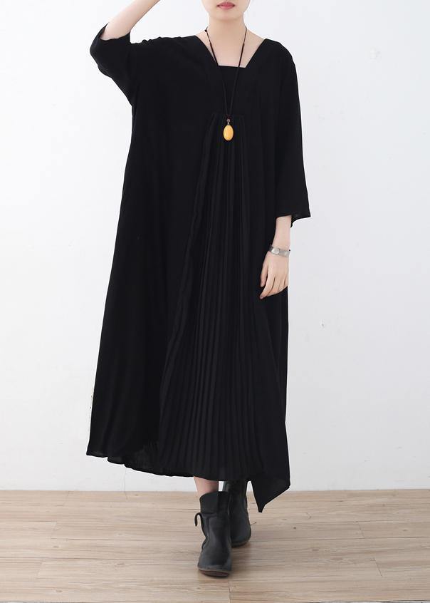 Women black v neck chiffon quilting dresses Cinched Maxi summer Dress - SooLinen