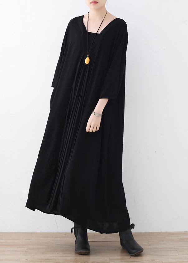 Women black v neck chiffon quilting dresses Cinched Maxi summer Dress - SooLinen