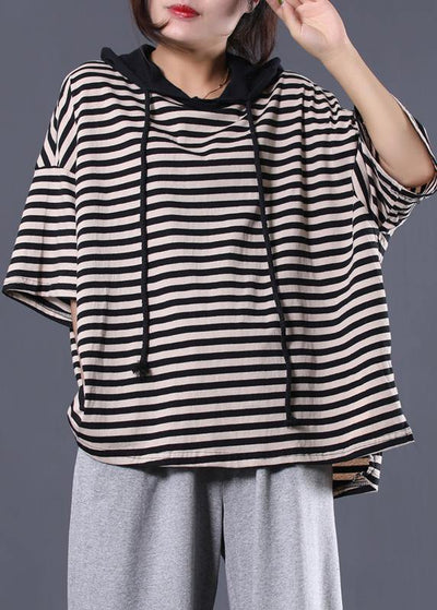 Women drawstring hooded cotton tunic pattern Tunic Tops black striped blouse summer - SooLinen