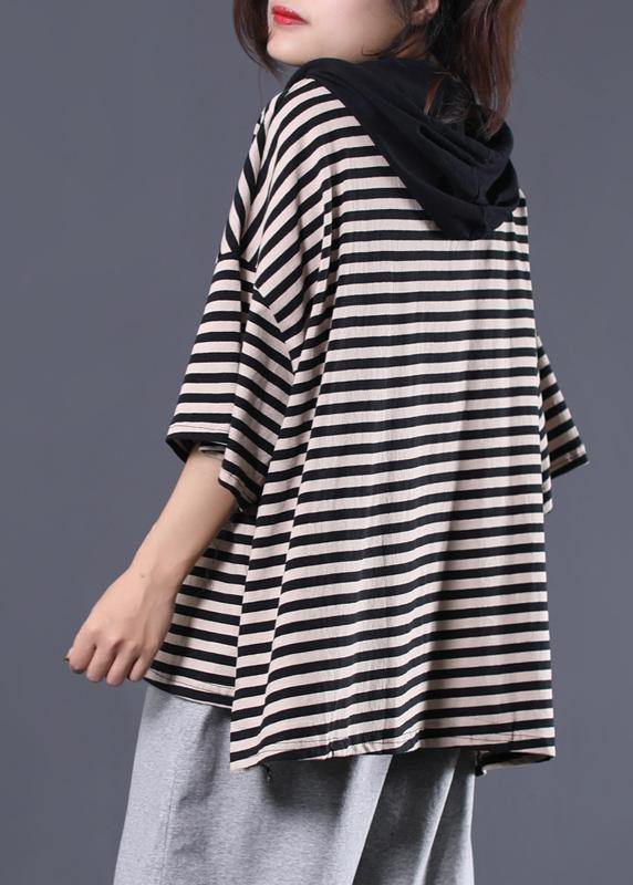 Women drawstring hooded cotton tunic pattern Tunic Tops black striped blouse summer - SooLinen