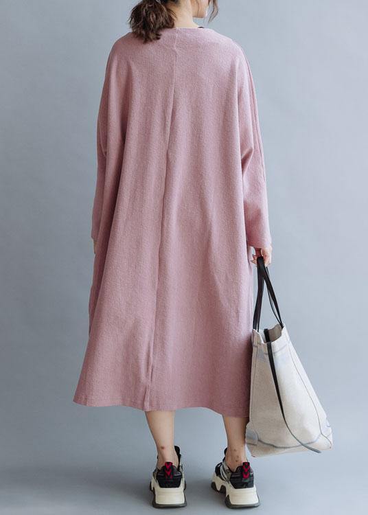 Women pink linen cotton outfit v neck Traveling fall Dresses - SooLinen