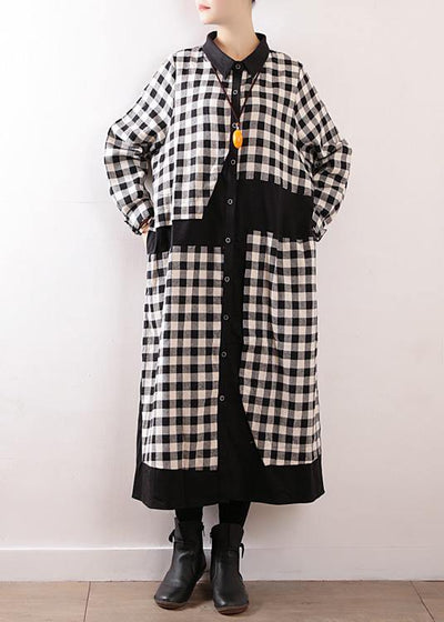 Women plaid cotton clothes For Women lapel collar Art autumn shirt dress - SooLinen