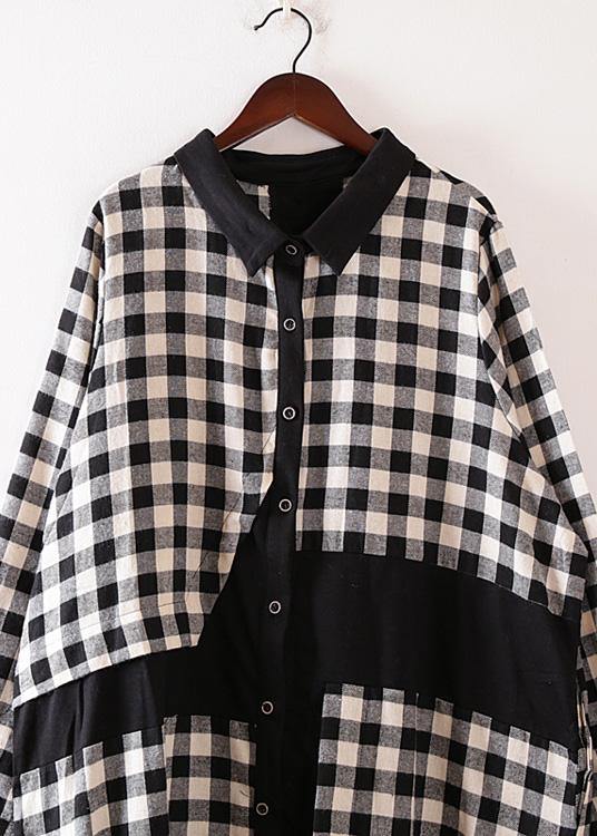 Women plaid cotton clothes For Women lapel collar Art autumn shirt dress - SooLinen